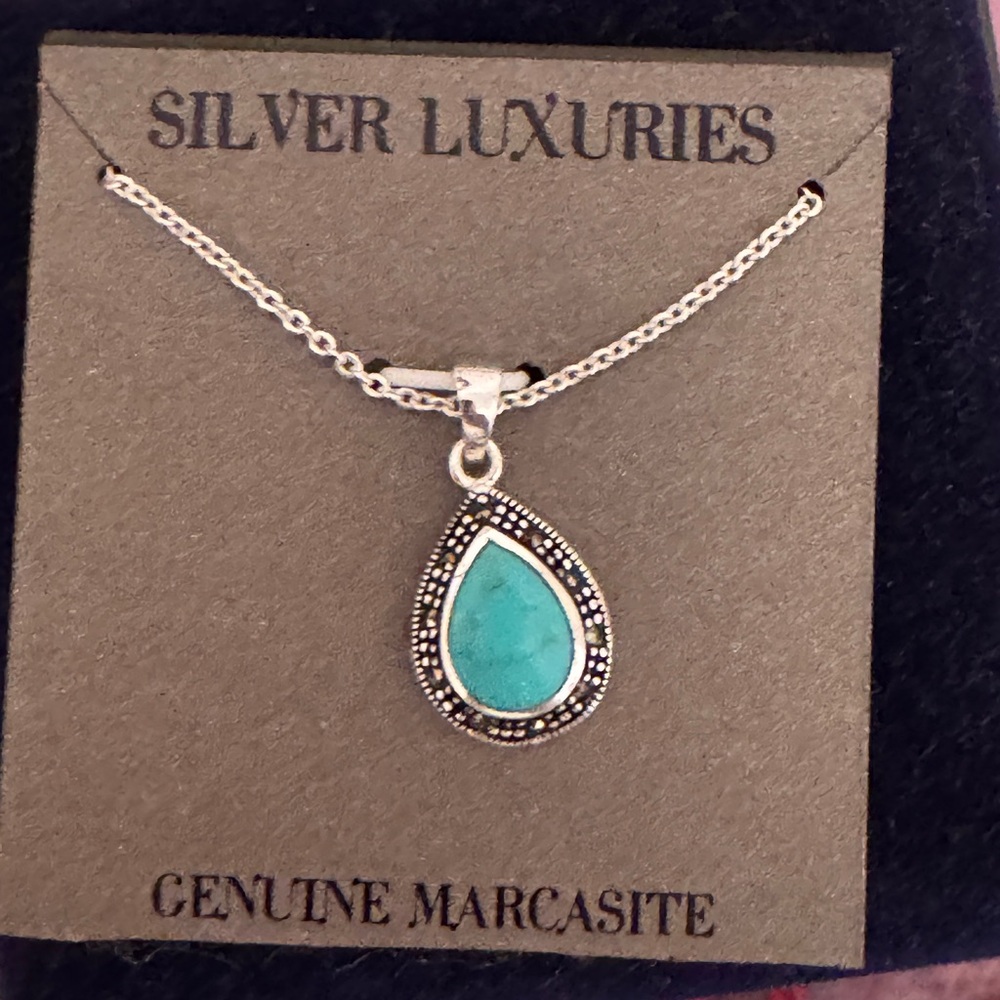 Blue and Silver Teardrop Pendant Necklace - Picture 2 of 2